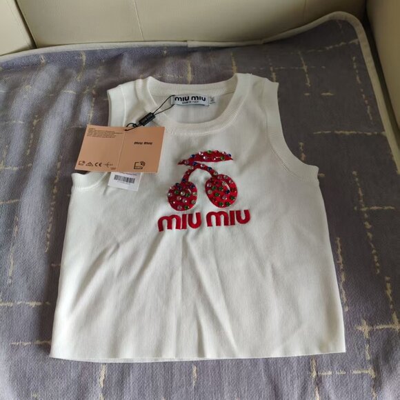 Miu Miu Tops - Authentic Miu Miu Crystal Cherry Knit Tank Top - White (100 - 120 pounds)